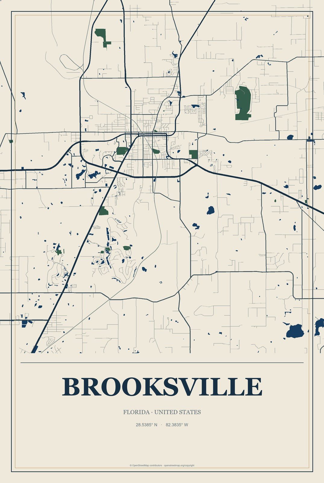 Brooksville, Florida City Map Aluminum Sign in Coastal Cutout style