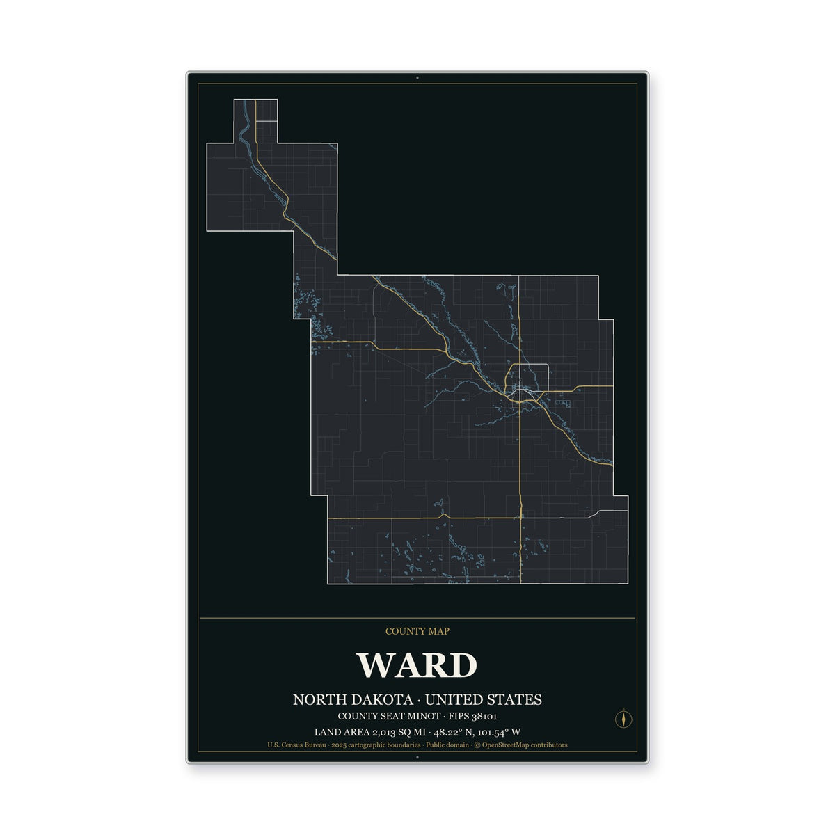 Ward County, North Dakota Map Aluminum Sign in Metropolitan Noir style