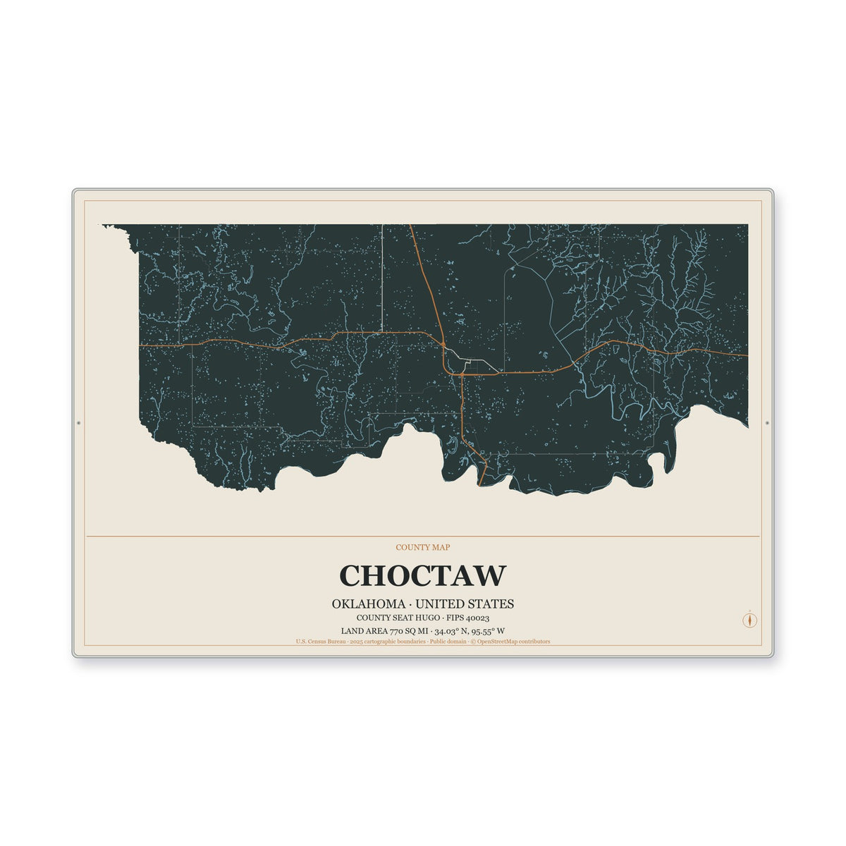 Choctaw County, Oklahoma Map Aluminum Sign in Headline Atlas style