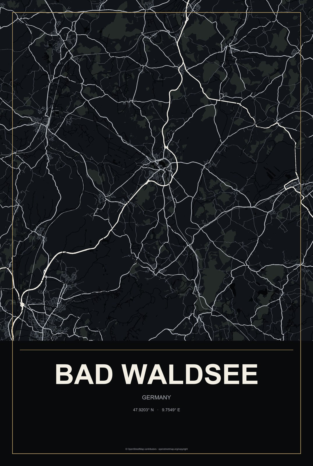 Bad Waldsee, Germany City Map Aluminum Sign in Metropolitan Noir style