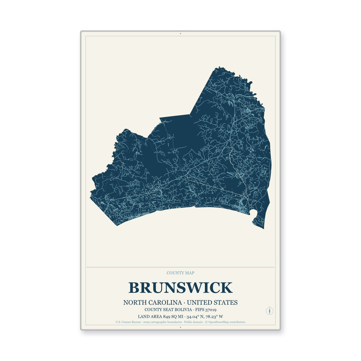 Brunswick County, North Carolina Map Aluminum Sign in Coastal Cutout style