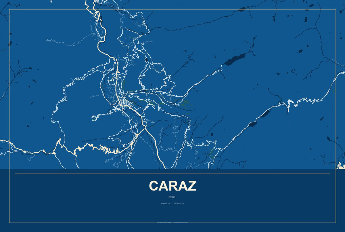Caraz, Peru City Map Aluminum Sign in Harbor Cobalt style
