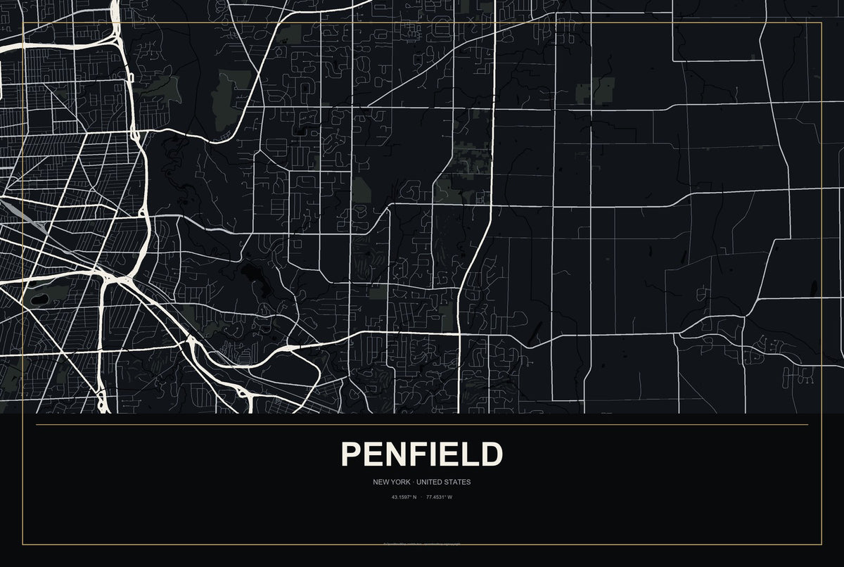 Penfield, New York City Map Aluminum Sign in Metropolitan Noir style