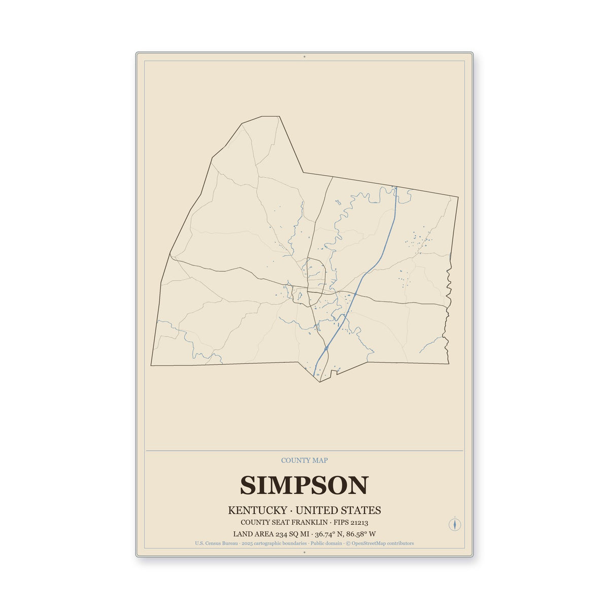 Simpson County, Kentucky Map Aluminum Sign in Heritage Nautical style