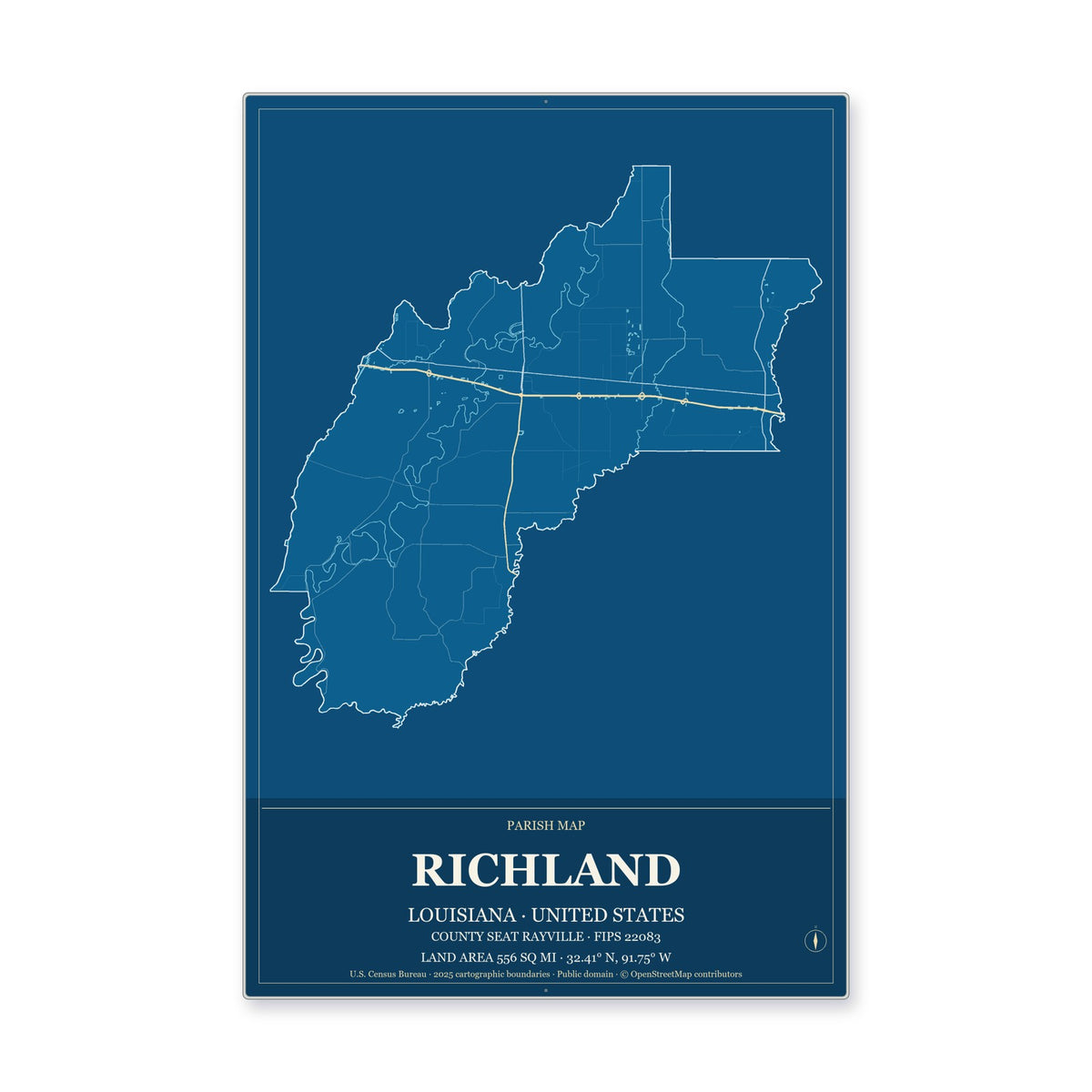 Richland Parish, Louisiana Map Aluminum Sign in Harbor Cobalt style