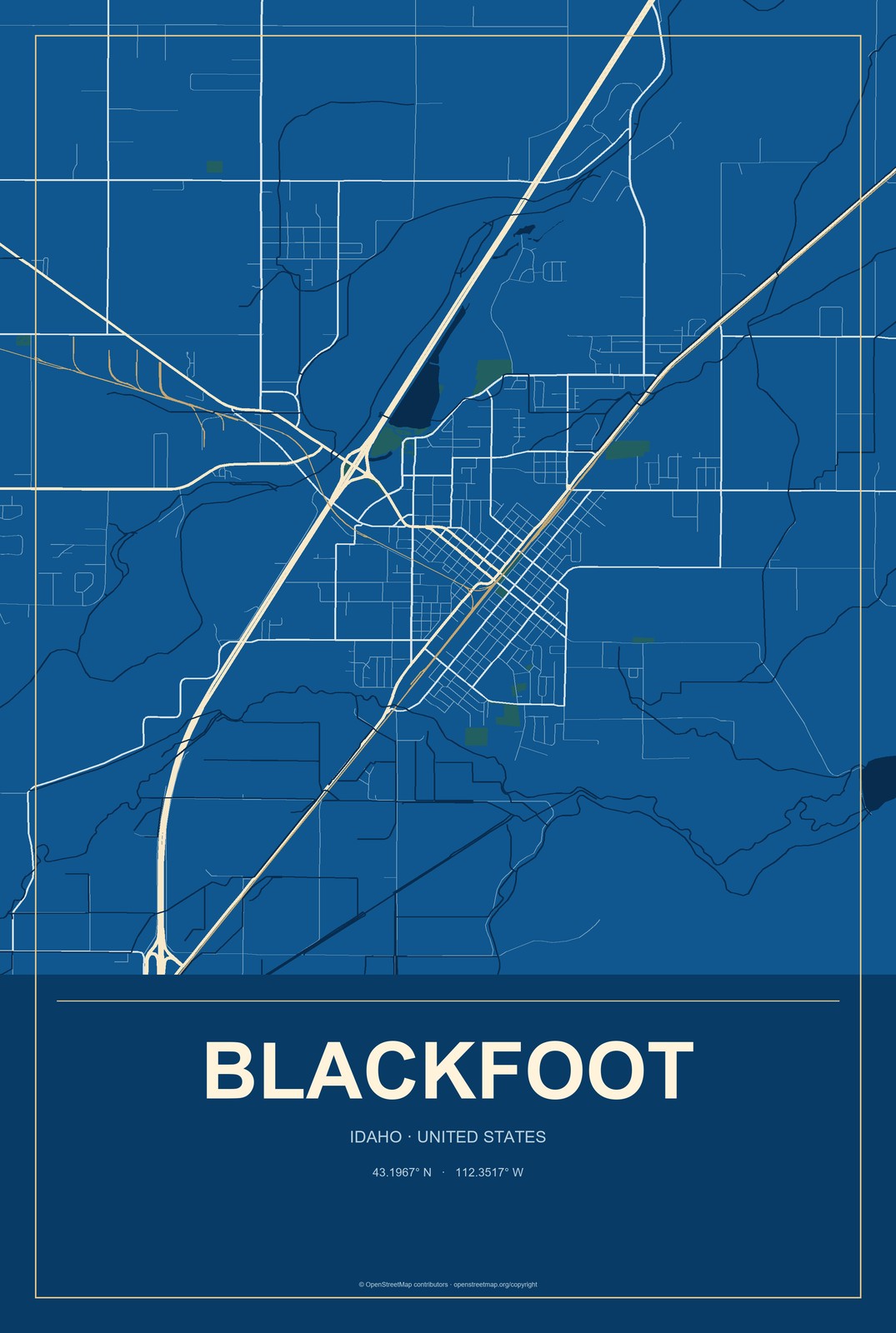 Blackfoot, Idaho City Map Aluminum Sign in Harbor Cobalt style