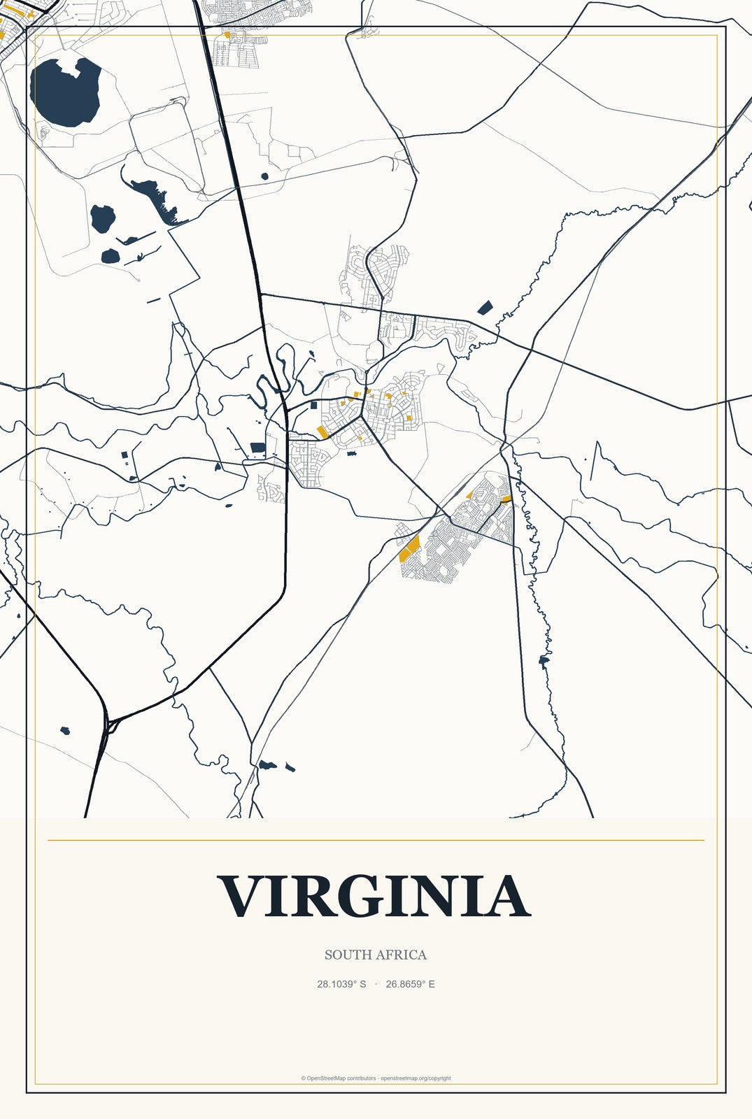 Virginia, South Africa City Map Aluminum Sign in Citrine Modern style