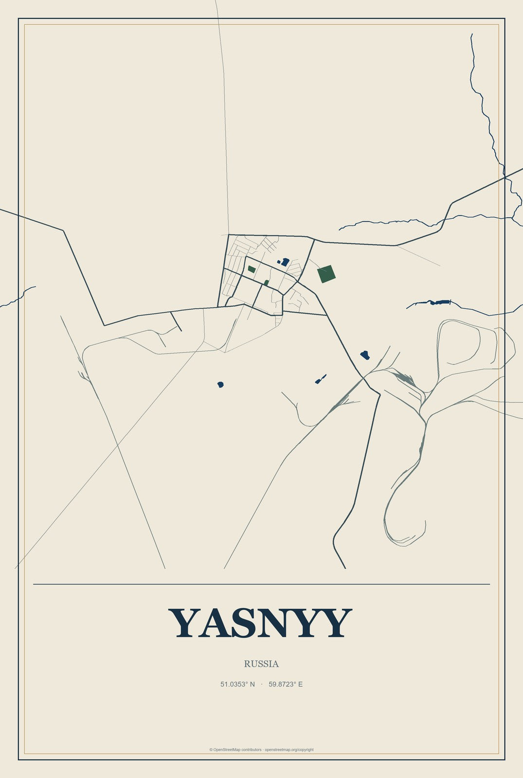Yasnyy, Russia City Map Aluminum Sign in Coastal Cutout style