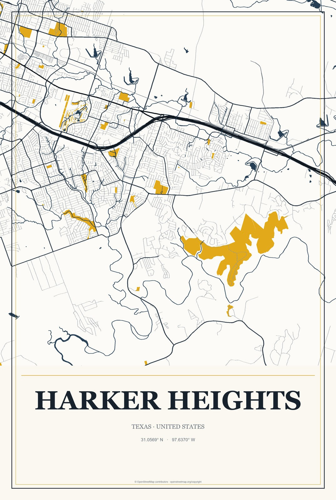 Harker Heights, Texas City Map Aluminum Sign in Citrine Modern style