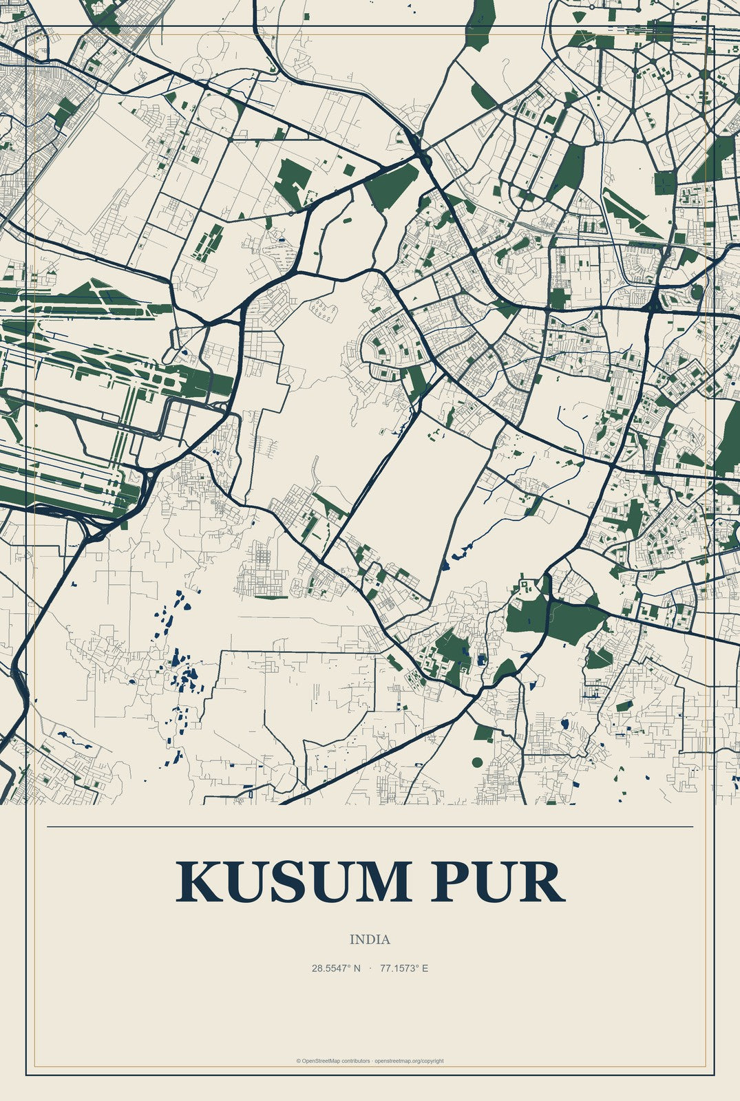 Kusum Pur, India City Map Aluminum Sign in Coastal Cutout style