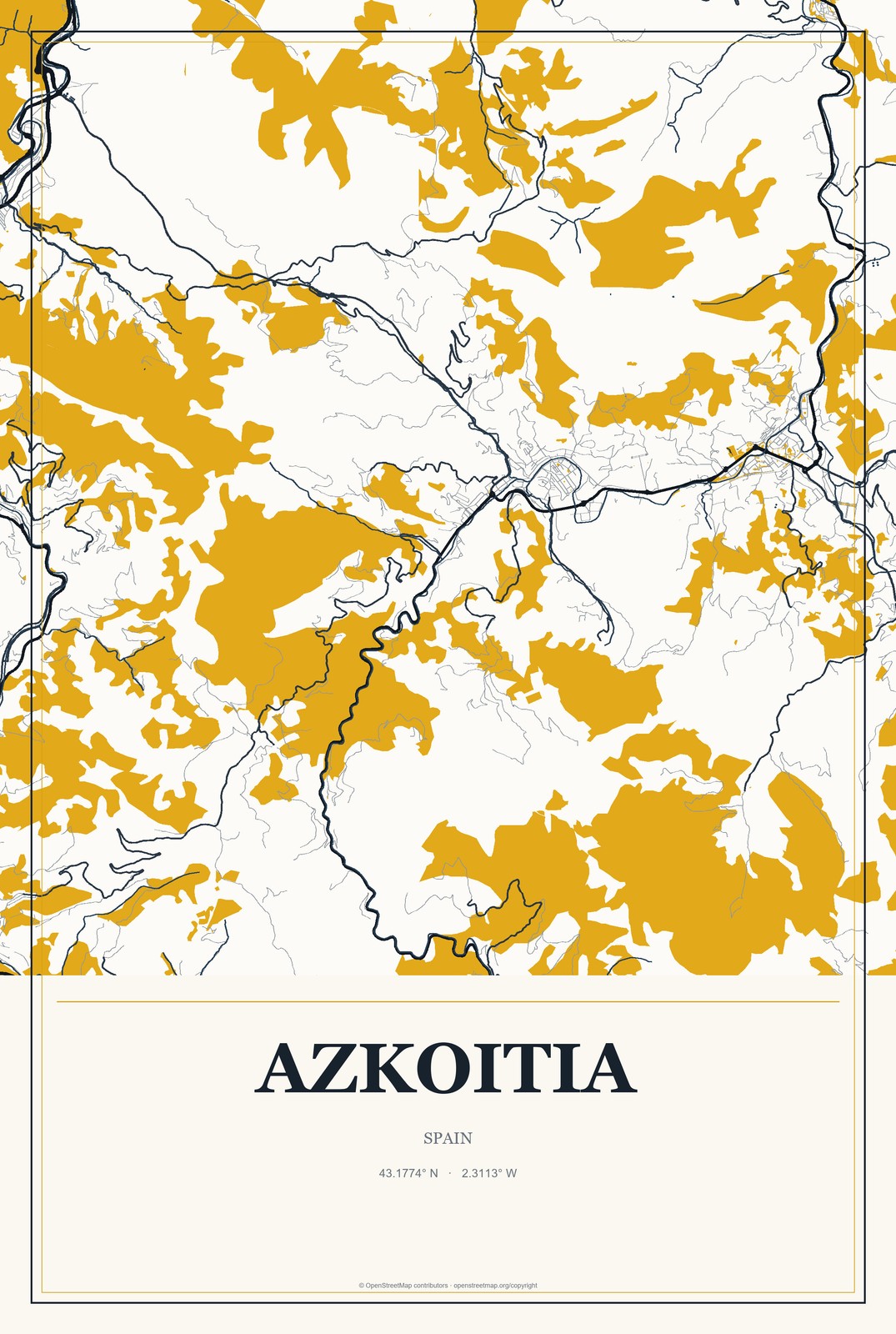 Azkoitia, Spain City Map Aluminum Sign in Citrine Modern style