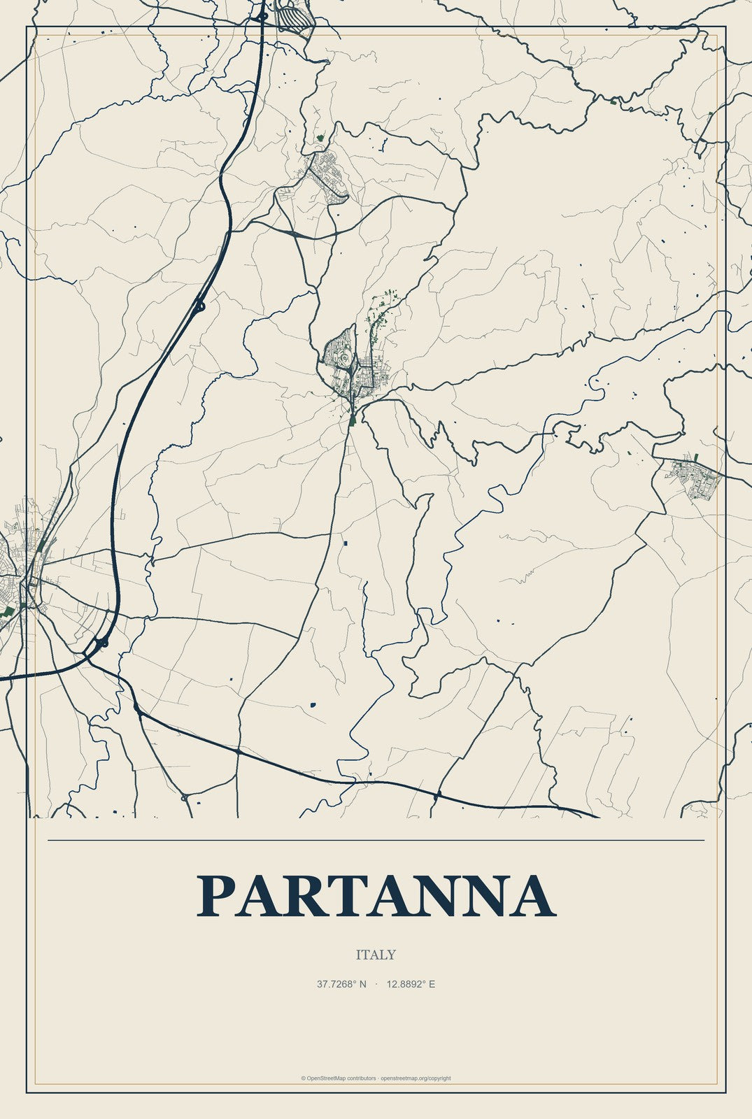 Partanna, Italy City Map Aluminum Sign in Coastal Cutout style