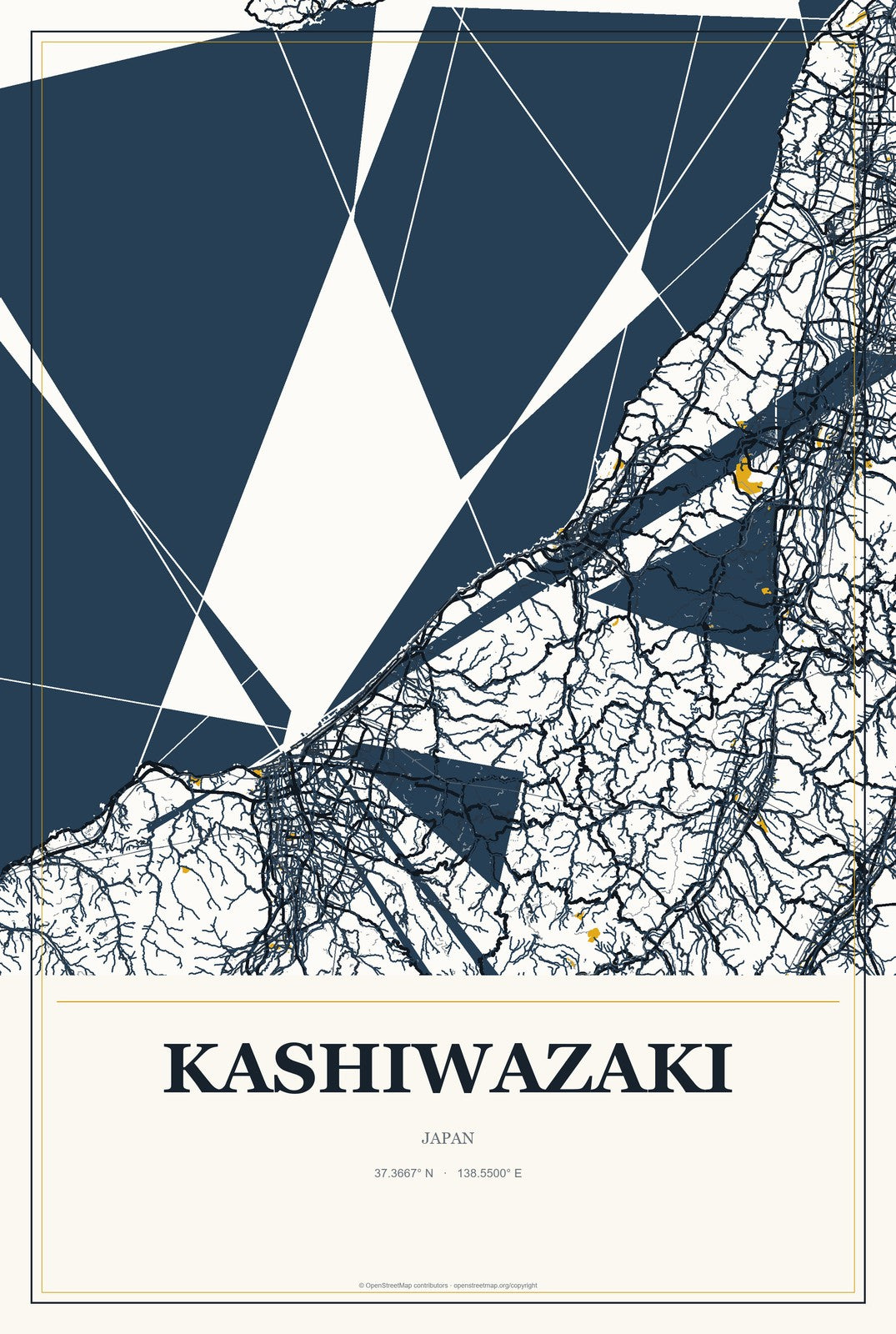 Kashiwazaki, Japan City Map Aluminum Sign in Citrine Modern style