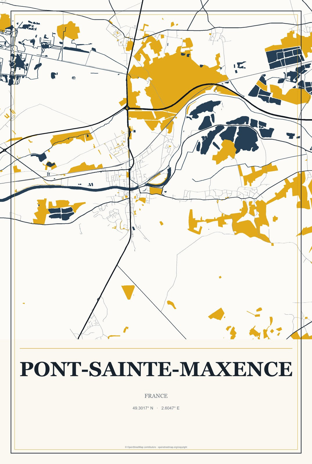Pont-Sainte-Maxence, France City Map Aluminum Sign in Citrine Modern style