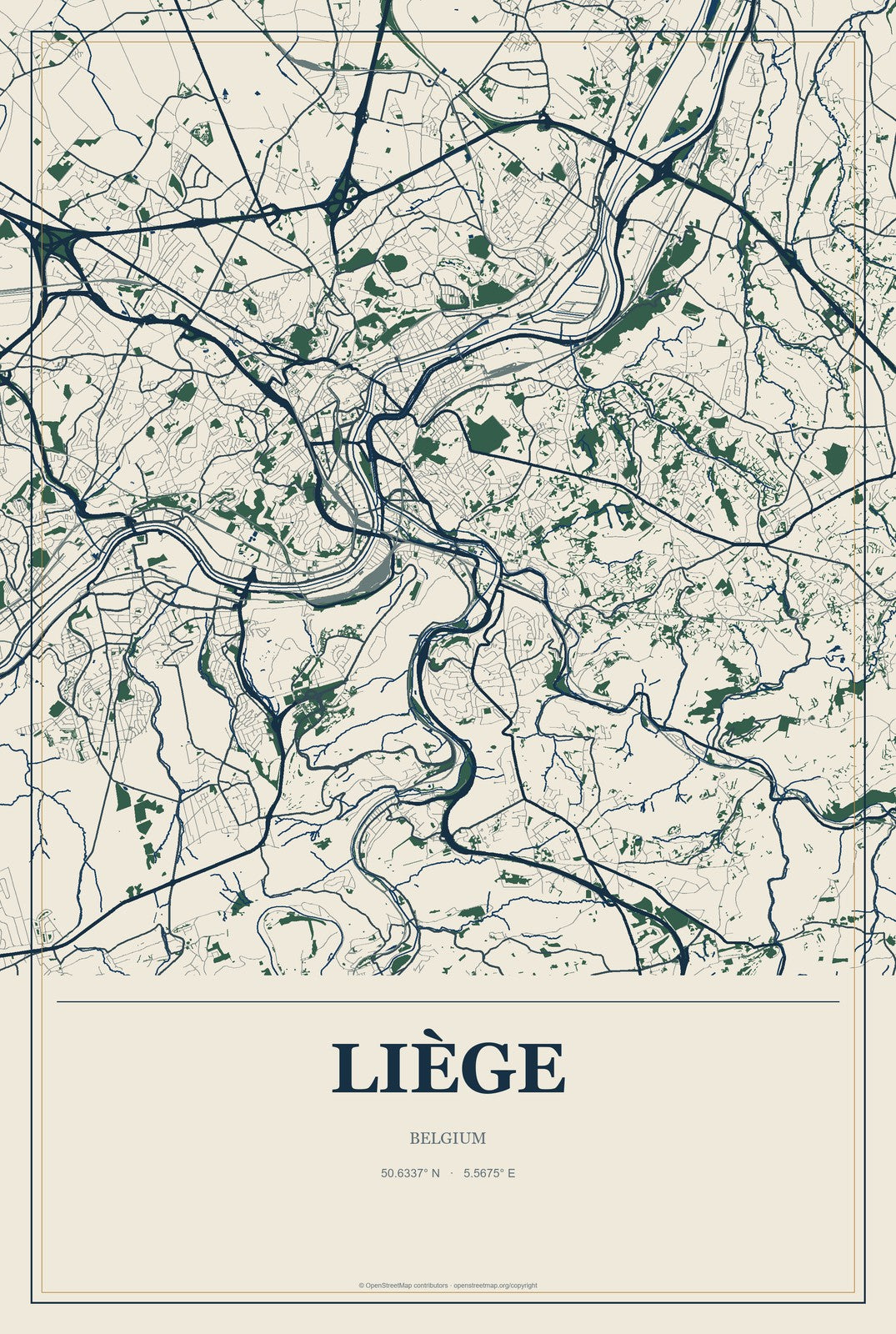 Liège, Belgium City Map Aluminum Sign in Coastal Cutout style
