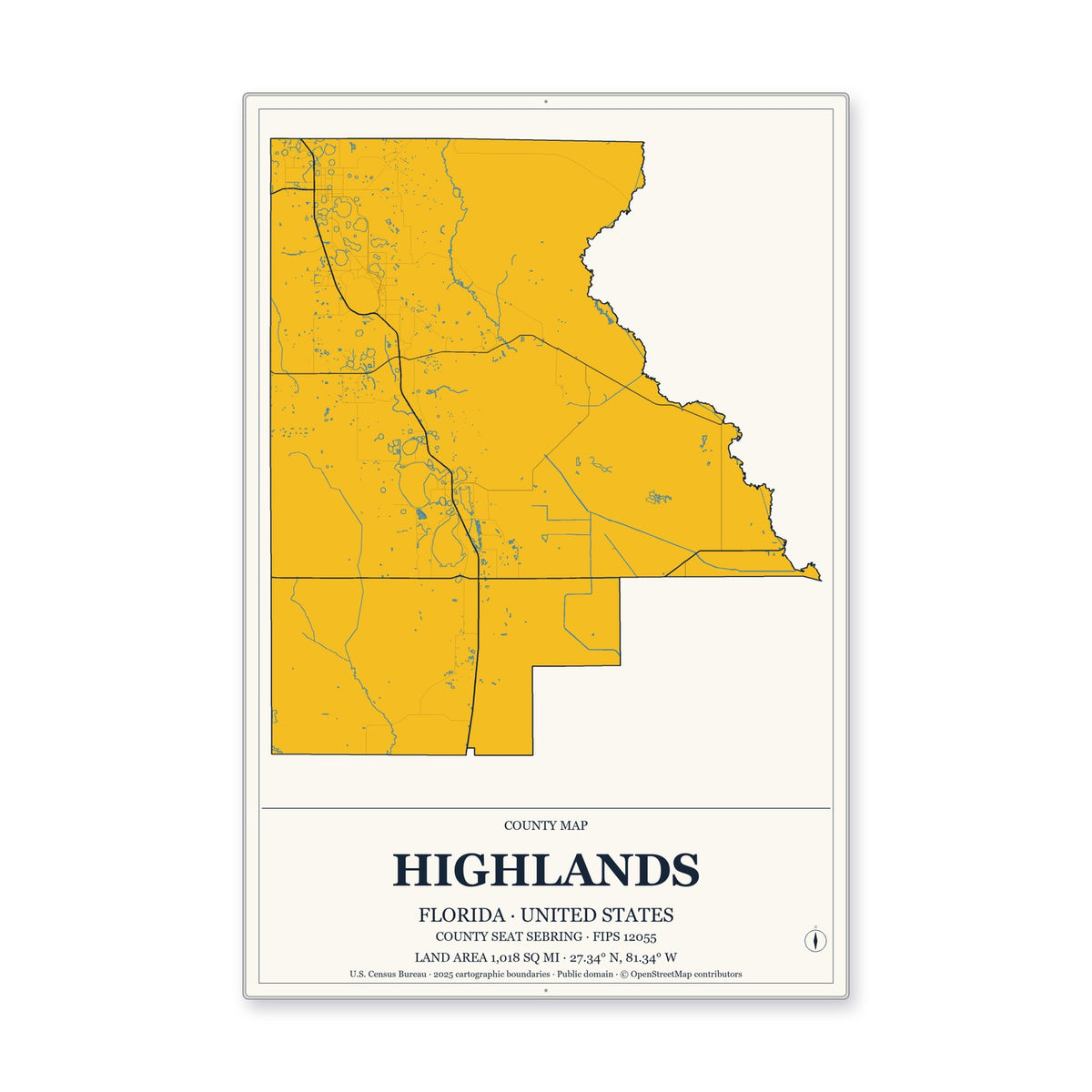 Highlands County, Florida Map Aluminum Sign in Citrine Modern style