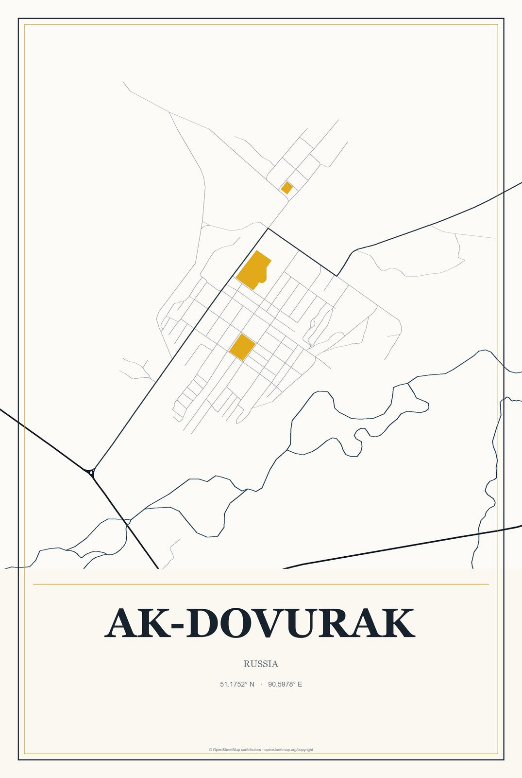 Ak-Dovurak, Russia City Map Aluminum Sign in Citrine Modern style