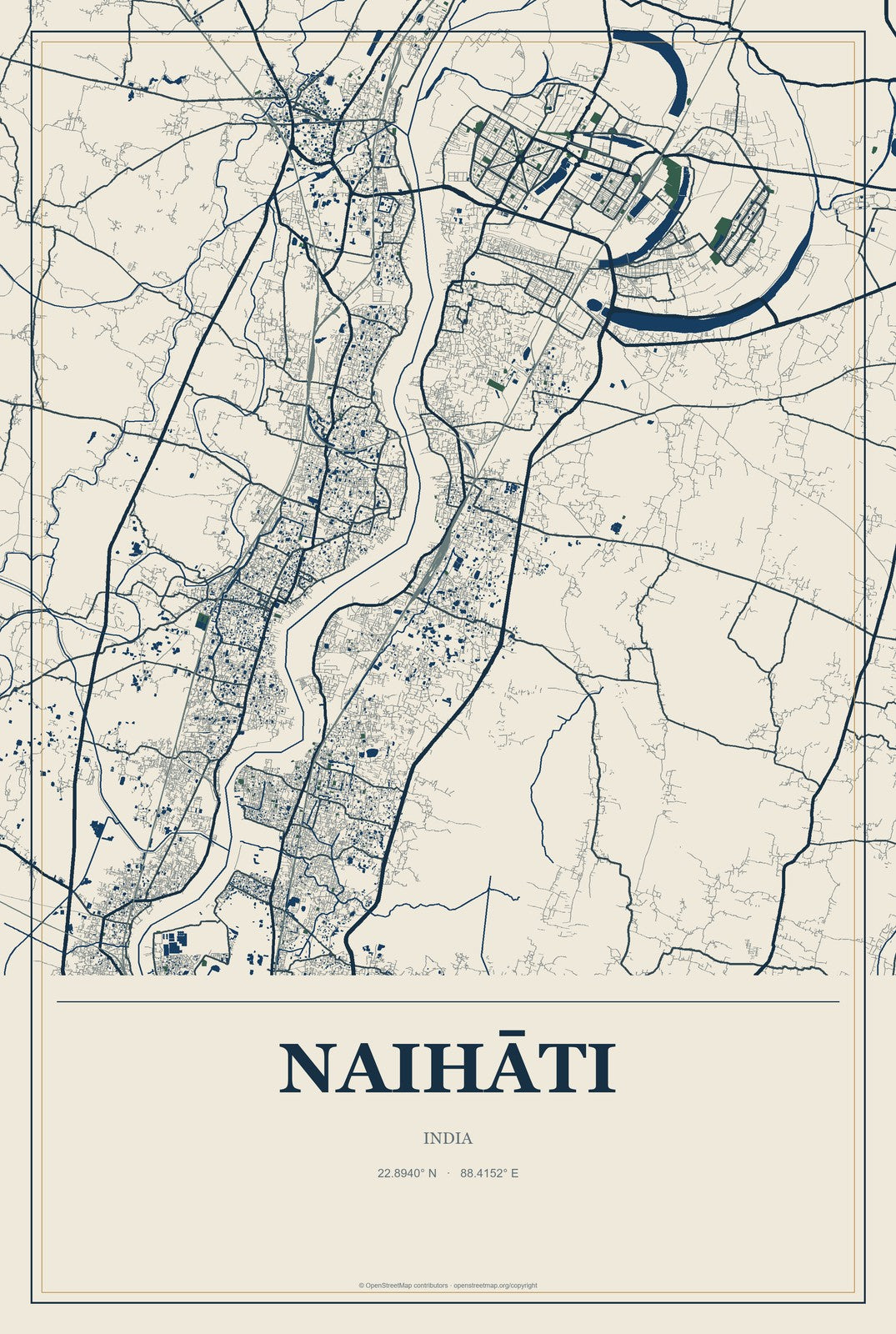 Naihāti, India City Map Aluminum Sign in Coastal Cutout style