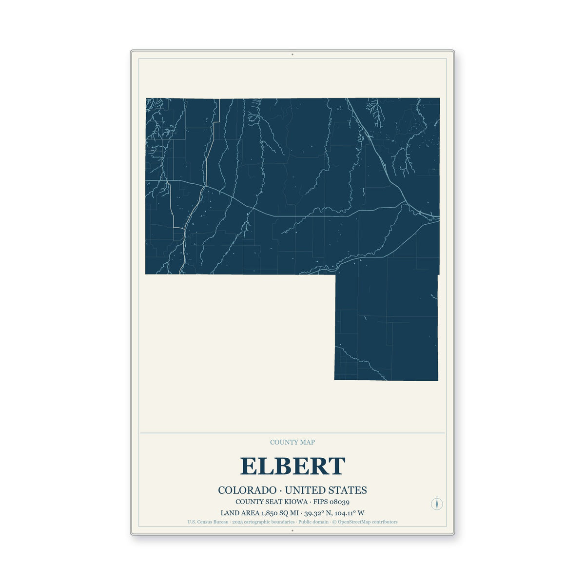 Elbert County, Colorado Map Aluminum Sign in Coastal Cutout style