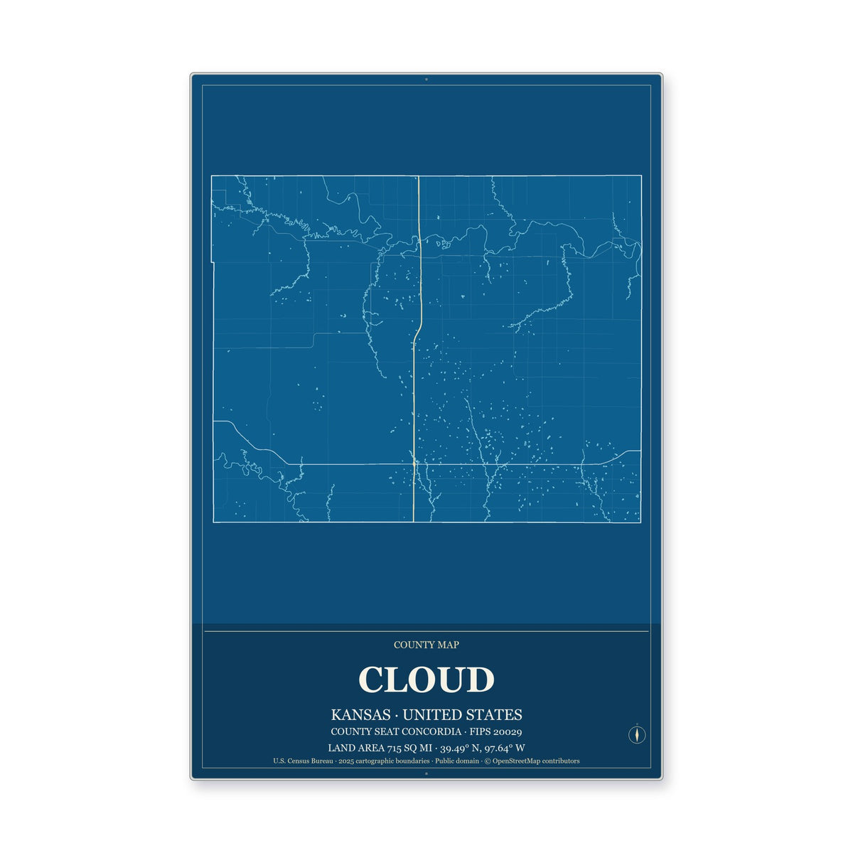 Cloud County, Kansas Map Aluminum Sign in Harbor Cobalt style