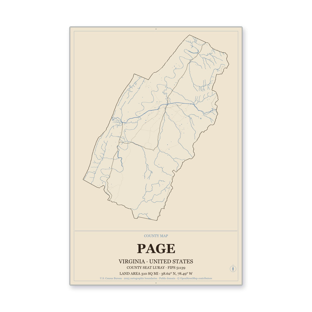 Page County, Virginia Map Aluminum Sign in Heritage Nautical style