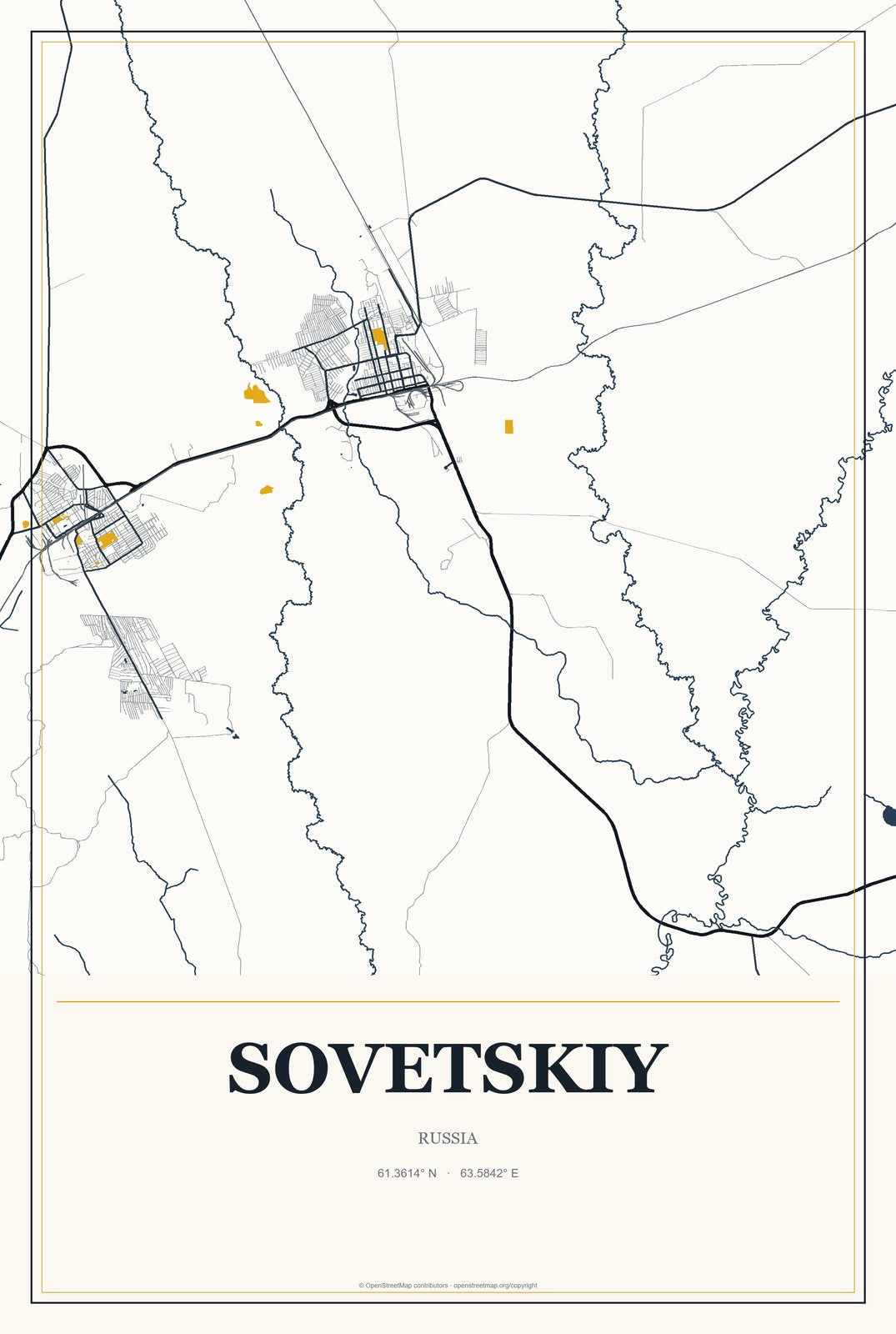 Sovetskiy, Khanty-Mansia, Russia City Map Aluminum Sign in Citrine Modern style