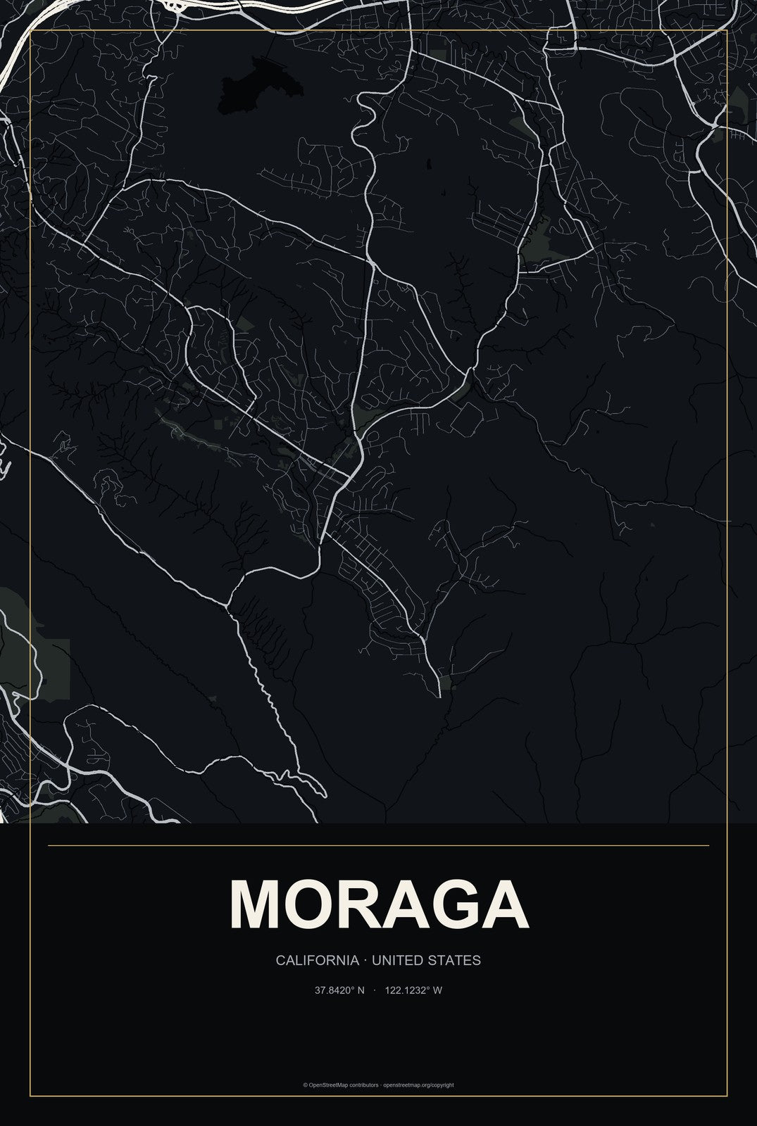 Moraga, California City Map Aluminum Sign in Metropolitan Noir style
