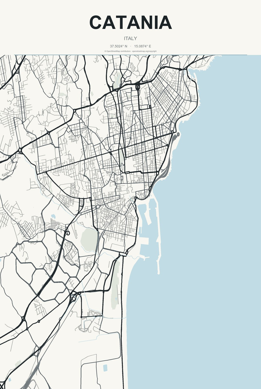 Catania, Italy City Map Aluminum Sign in Headline Atlas style