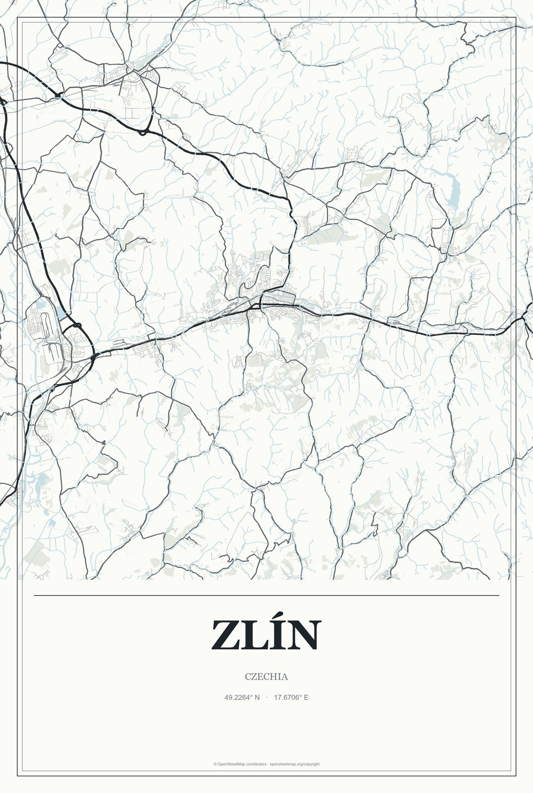Zlín, Czechia City Map Aluminum Sign in Gallery Air style