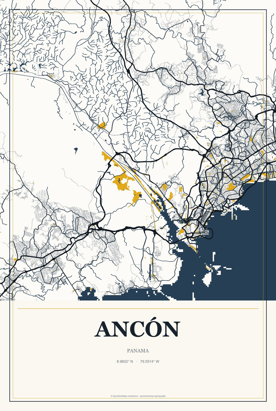 Ancón, Panama City Map Aluminum Sign in Citrine Modern style