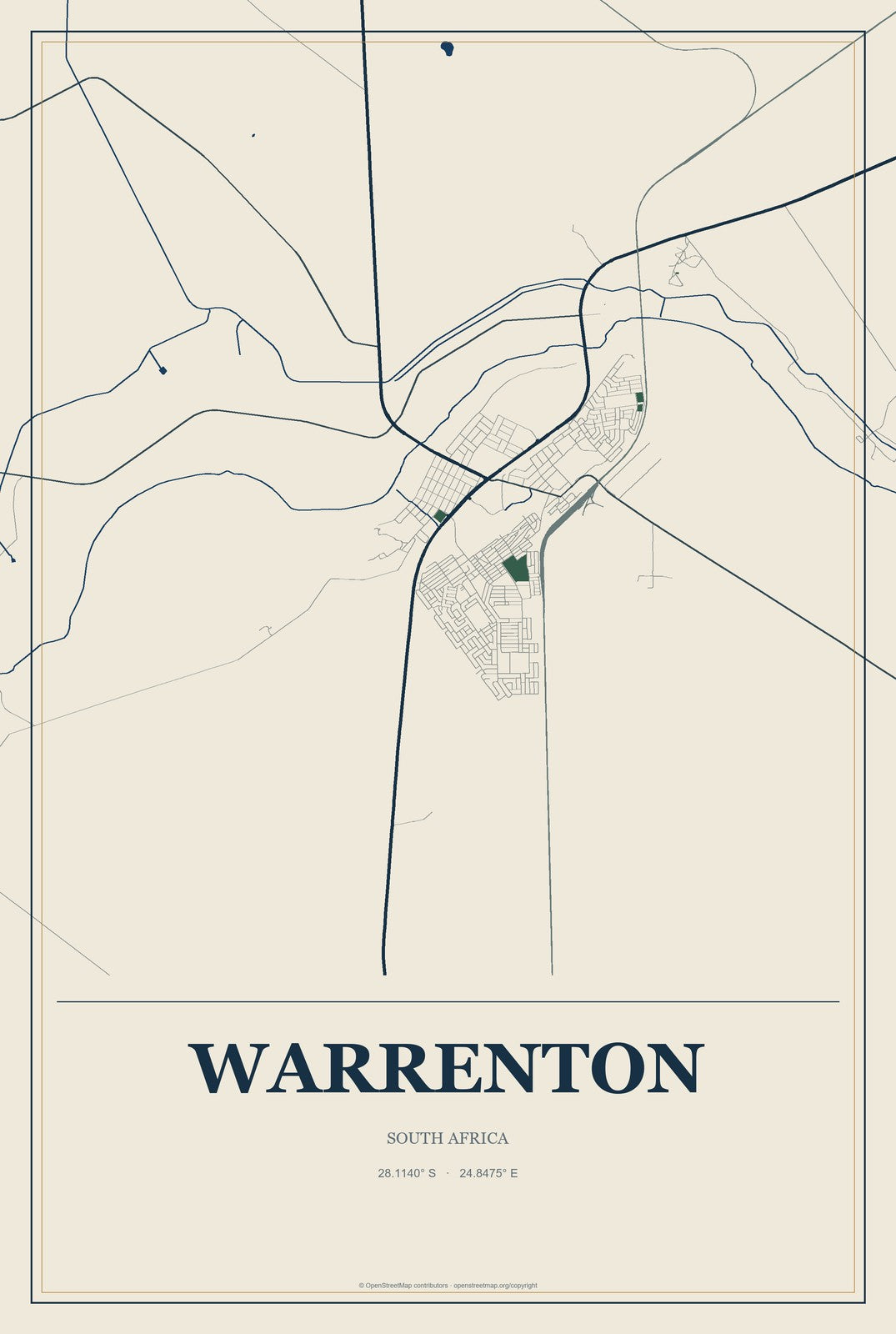 Warrenton, South Africa City Map Aluminum Sign in Coastal Cutout style