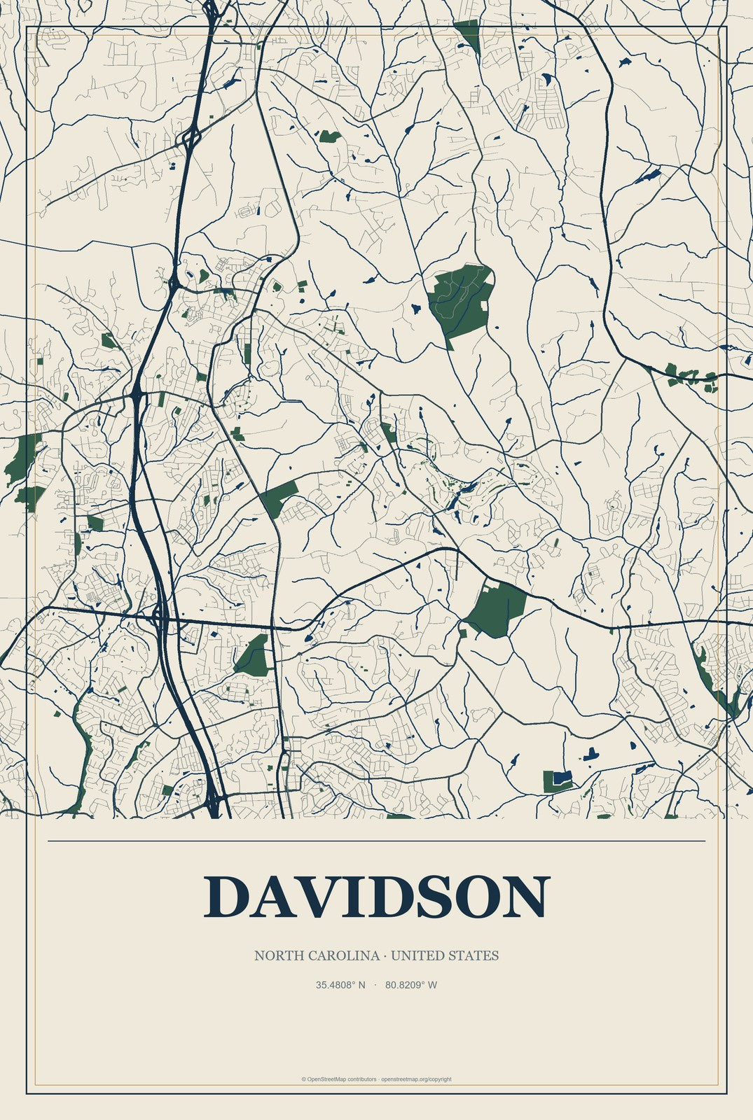 Davidson, North Carolina City Map Aluminum Sign in Coastal Cutout style