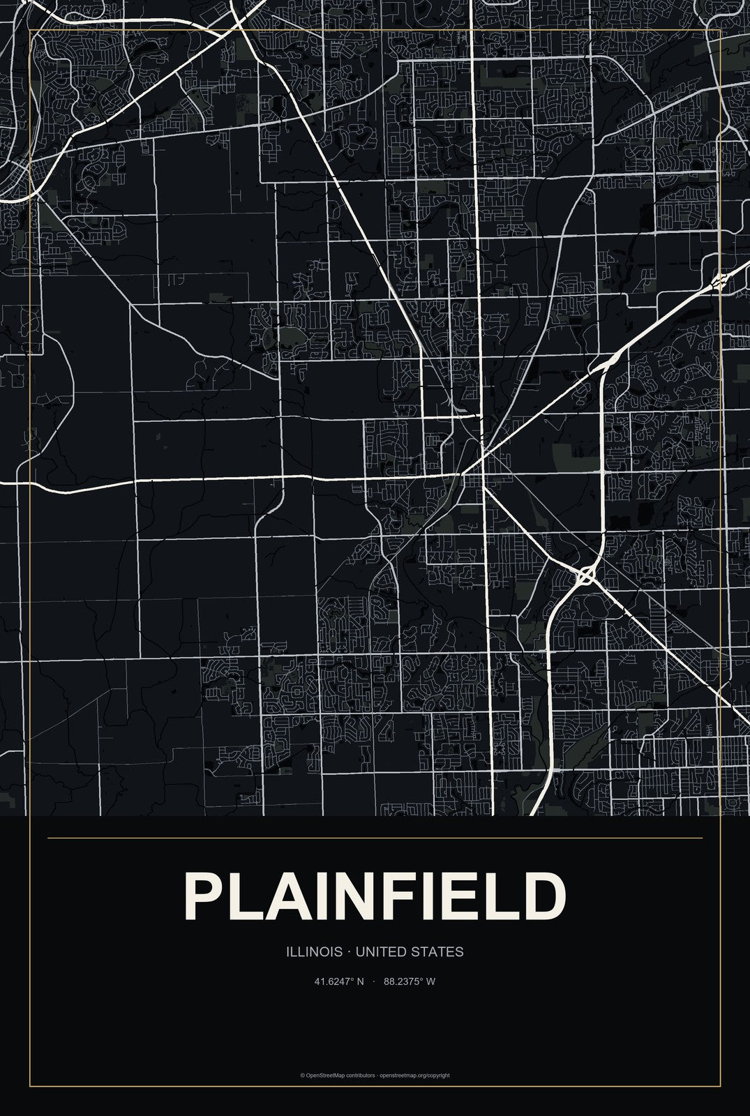 Plainfield, Illinois City Map Aluminum Sign in Metropolitan Noir style