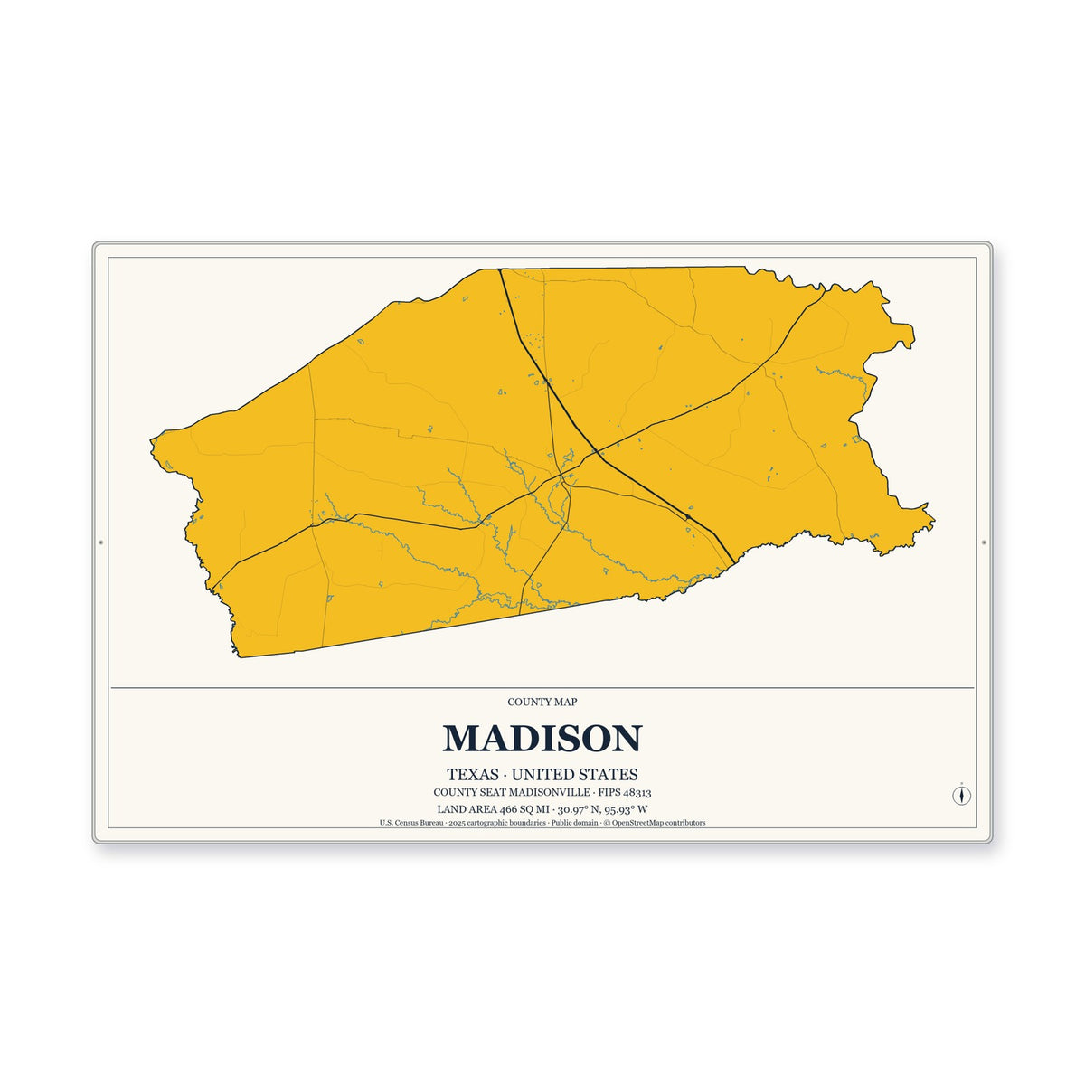 Madison County, Texas Map Aluminum Sign in Citrine Modern style