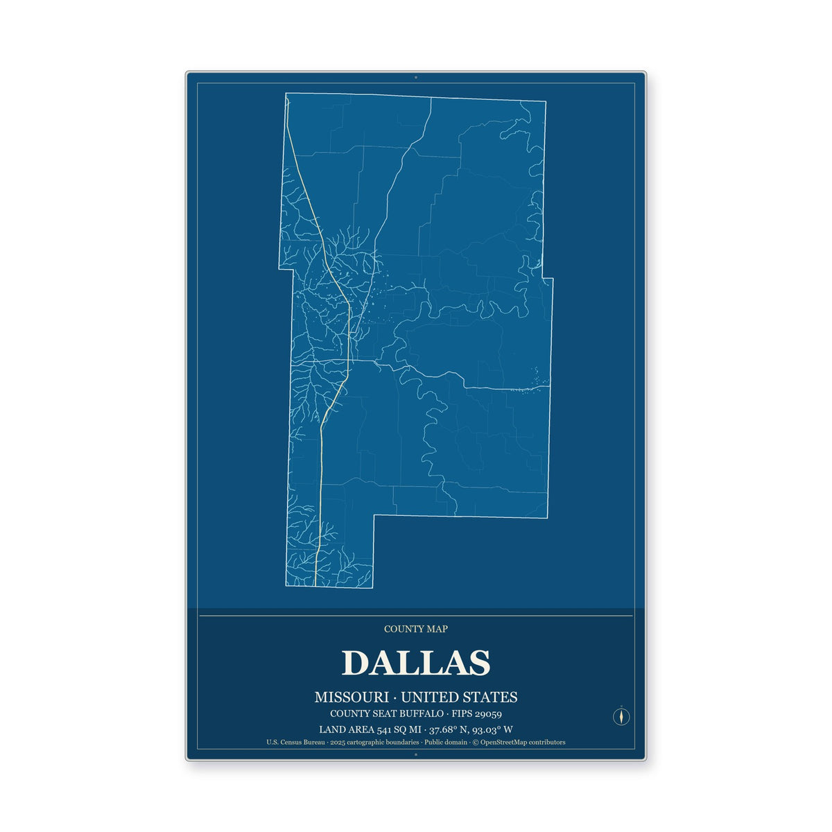 Dallas County, Missouri Map Aluminum Sign in Harbor Cobalt style