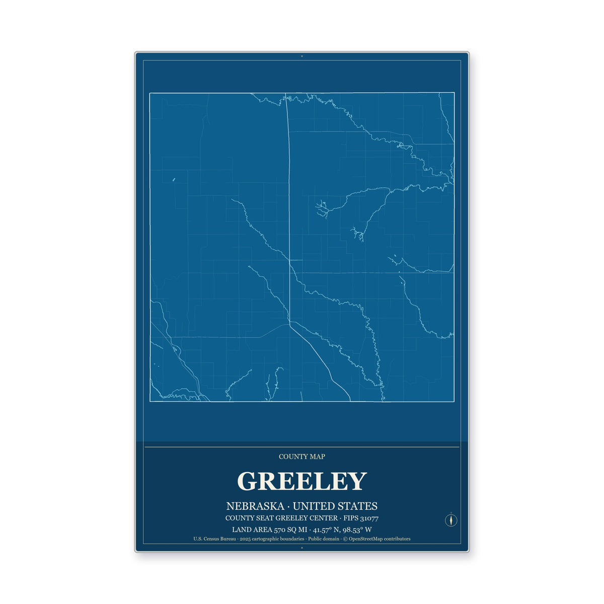 Greeley County, Nebraska Map Aluminum Sign in Harbor Cobalt style