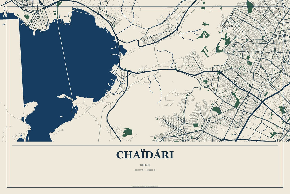 Chaïdári, Greece City Map Aluminum Sign in Coastal Cutout style