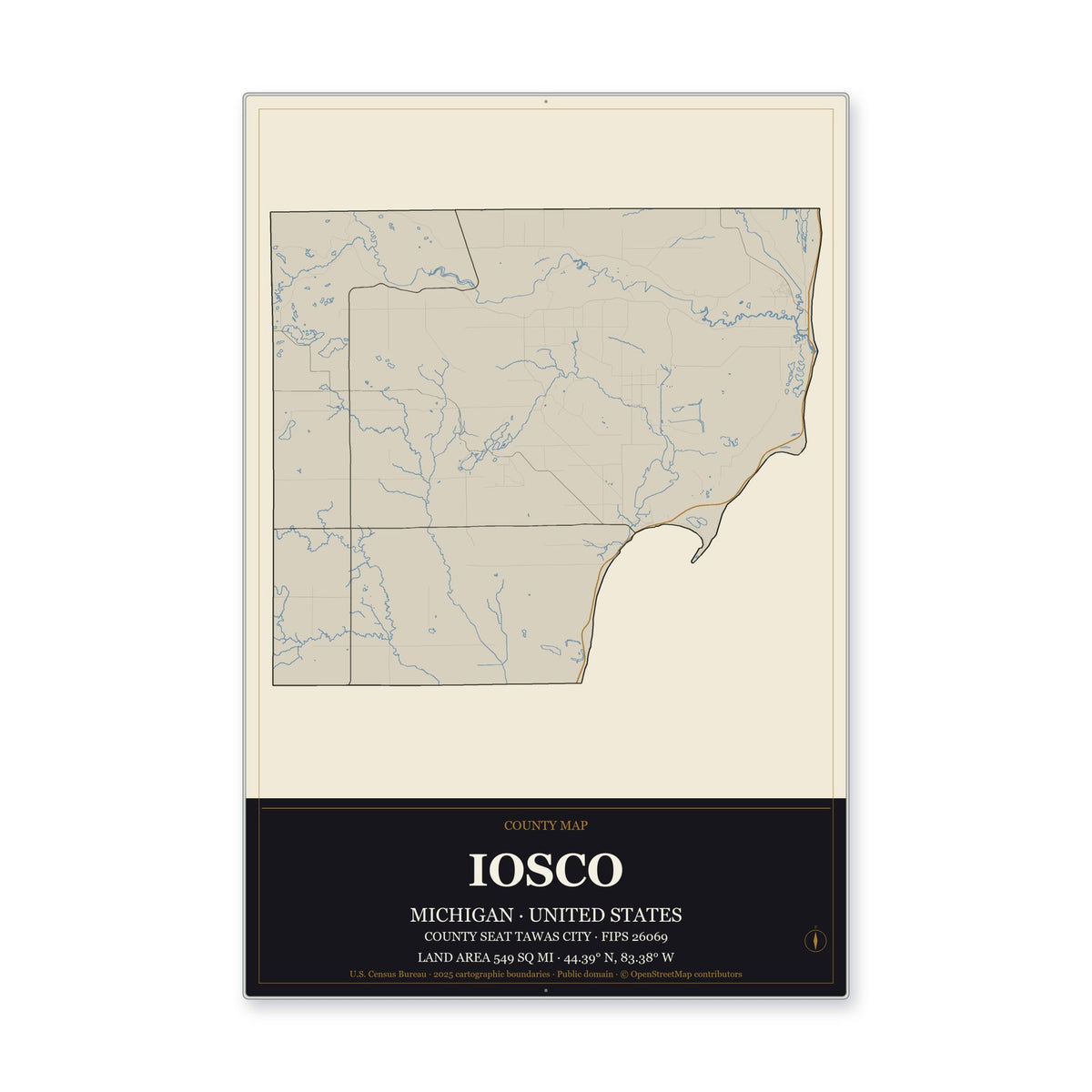 Iosco County, Michigan Map Aluminum Sign in Museum Plaque style