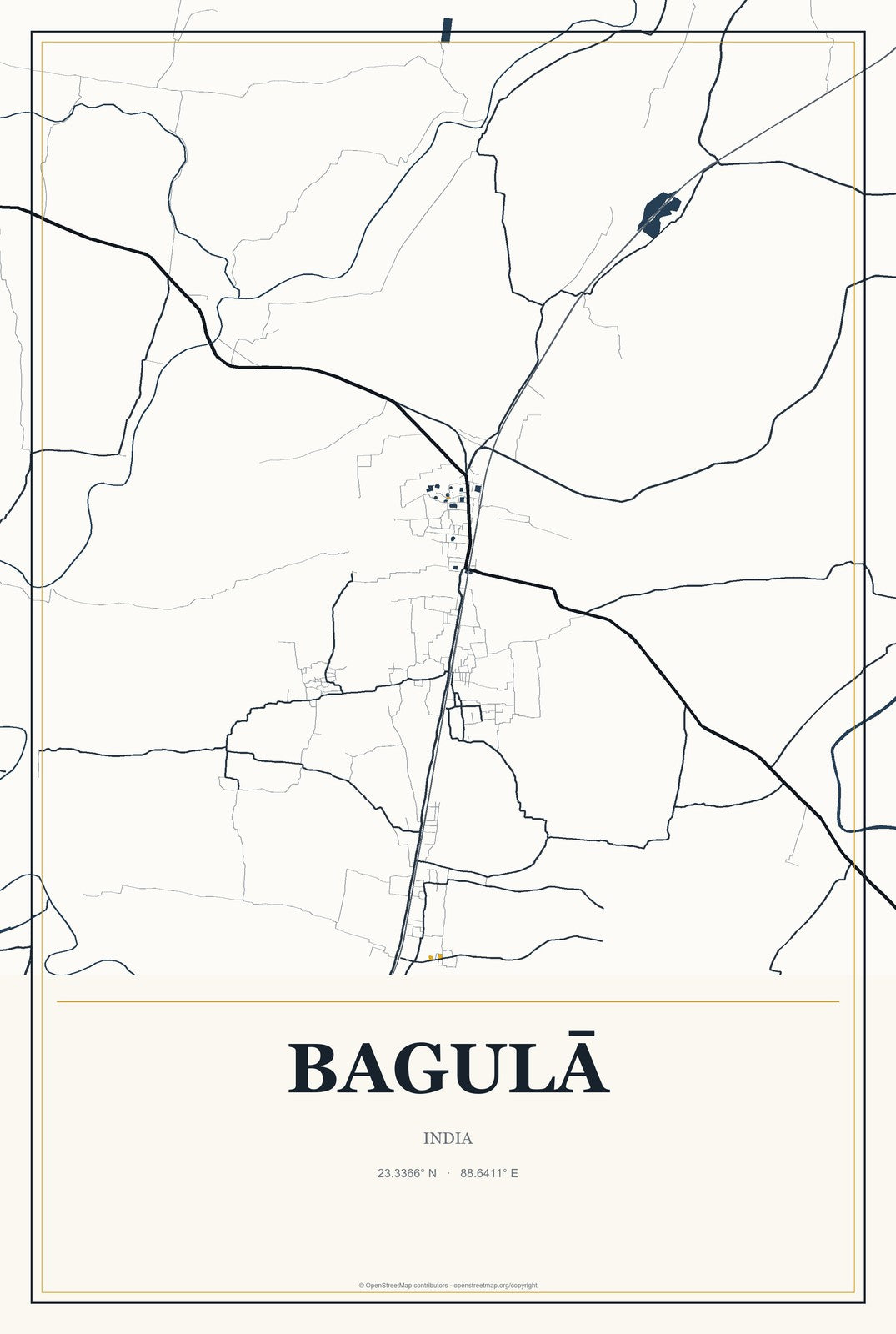 Bagulā, India City Map Aluminum Sign in Citrine Modern style