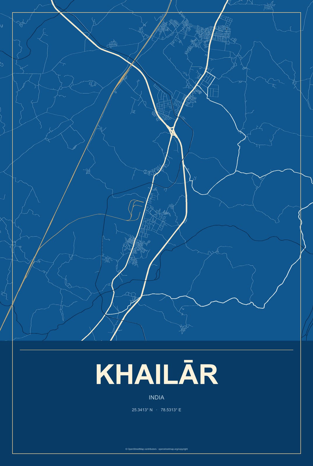 Khailār, India City Map Aluminum Sign in Harbor Cobalt style