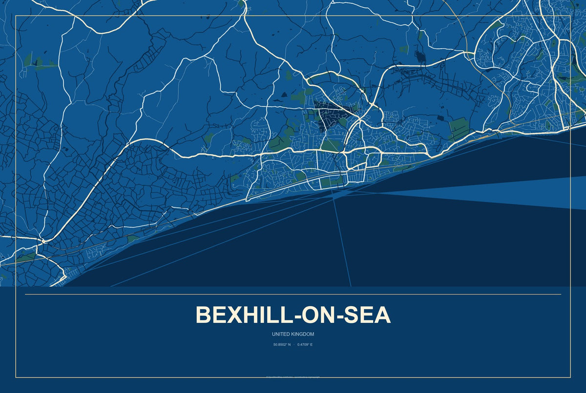 Bexhill-on-Sea, United Kingdom City Map Aluminum Sign in Harbor Cobalt style