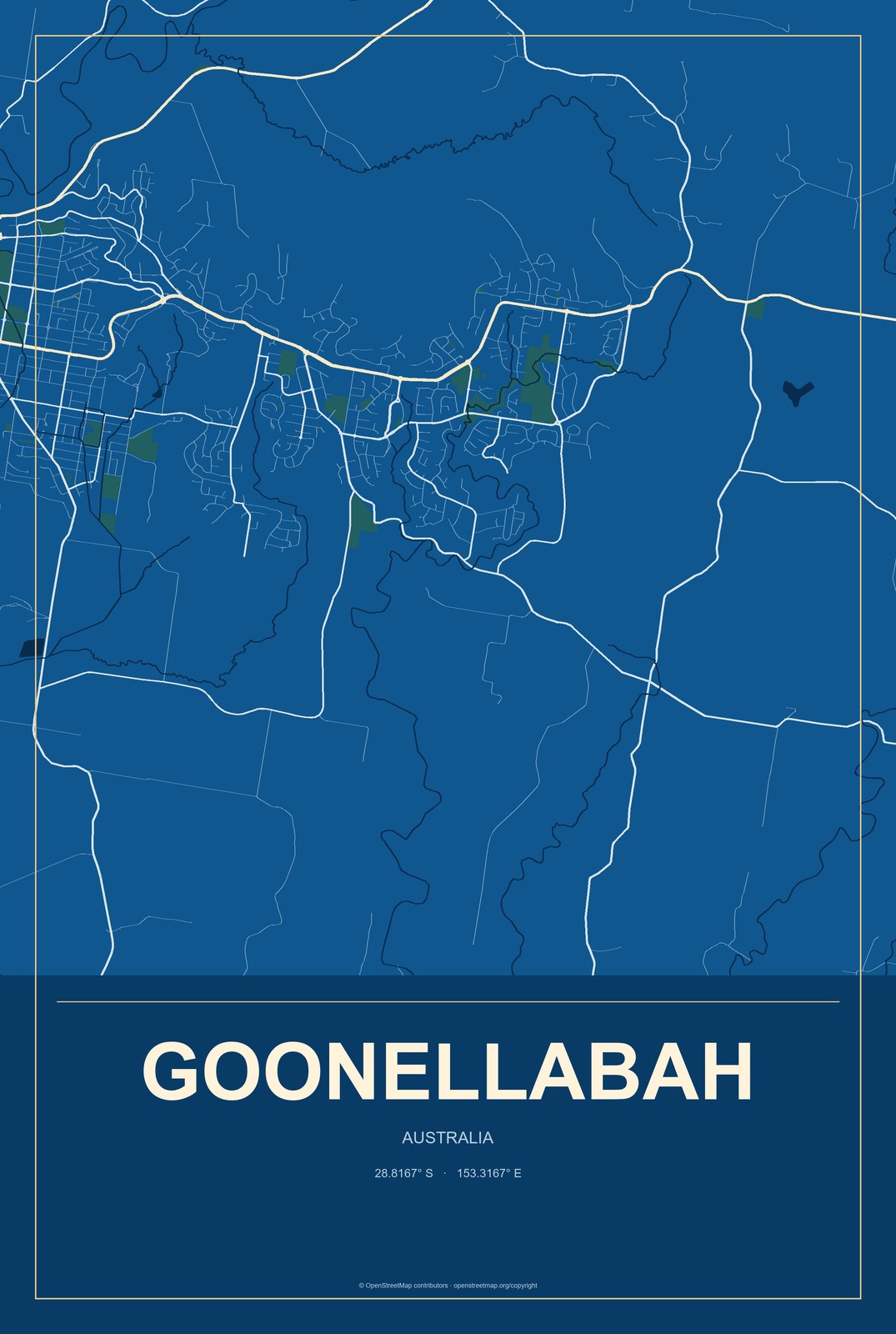 Goonellabah, Australia City Map Aluminum Sign in Harbor Cobalt style