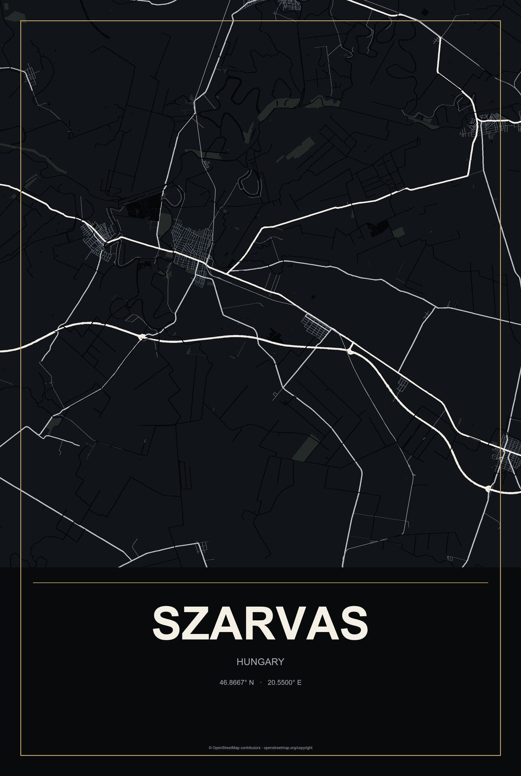 Szarvas, Hungary City Map Aluminum Sign in Metropolitan Noir style