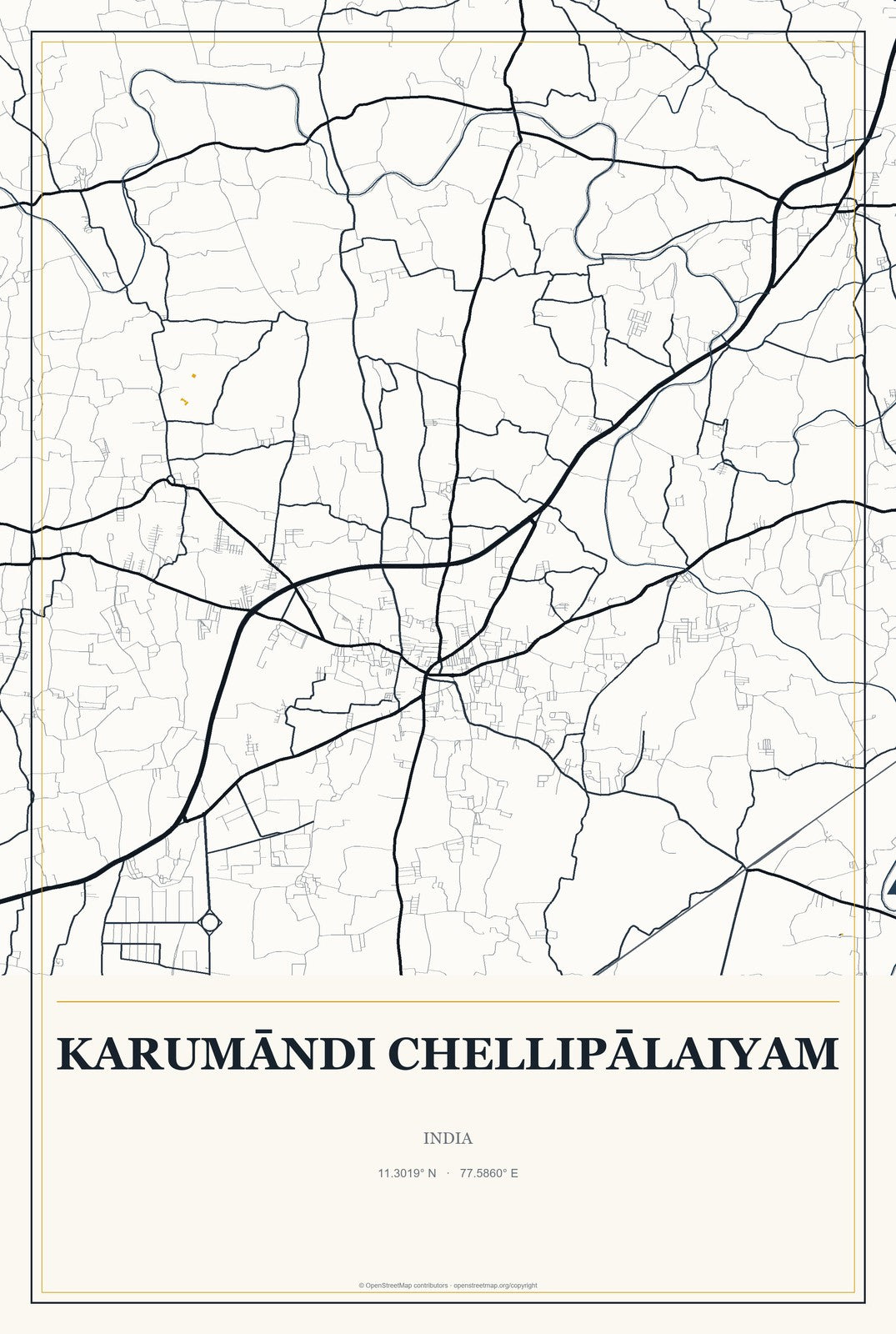 Karumāndi Chellipālaiyam, India City Map Aluminum Sign in Citrine Modern style