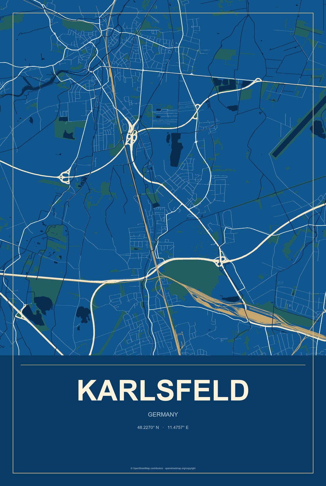 Karlsfeld, Germany City Map Aluminum Sign in Harbor Cobalt style