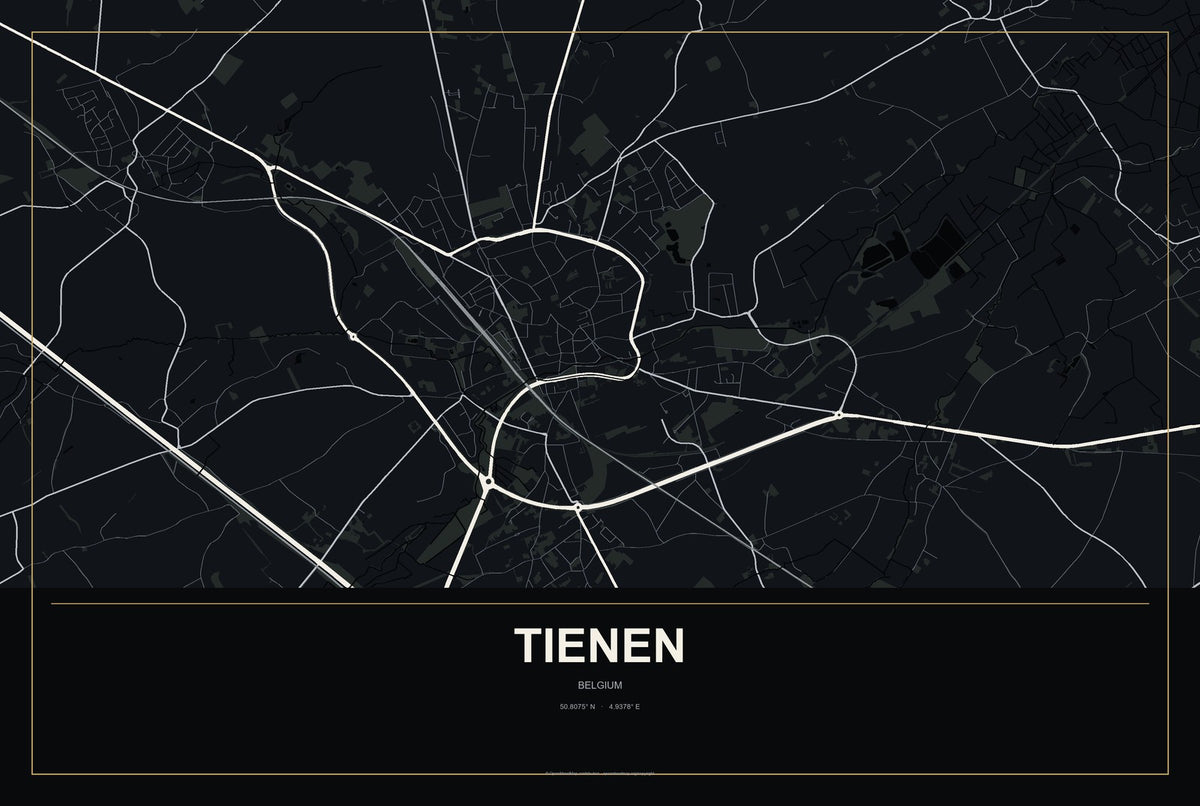 Tienen, Belgium City Map Aluminum Sign in Metropolitan Noir style