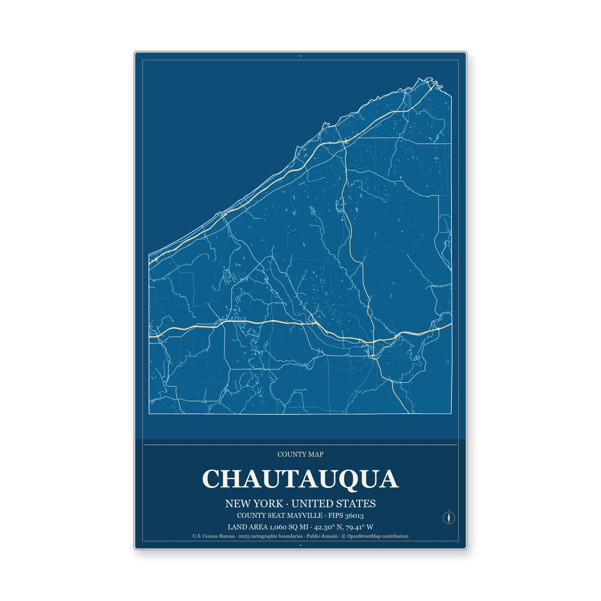 Chautauqua County, New York Map Aluminum Sign in Harbor Cobalt style