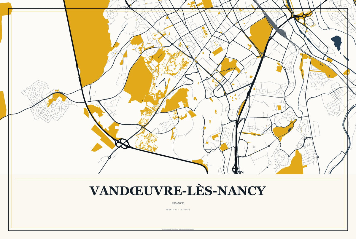 Vandœuvre-lès-Nancy, France City Map Aluminum Sign in Citrine Modern style