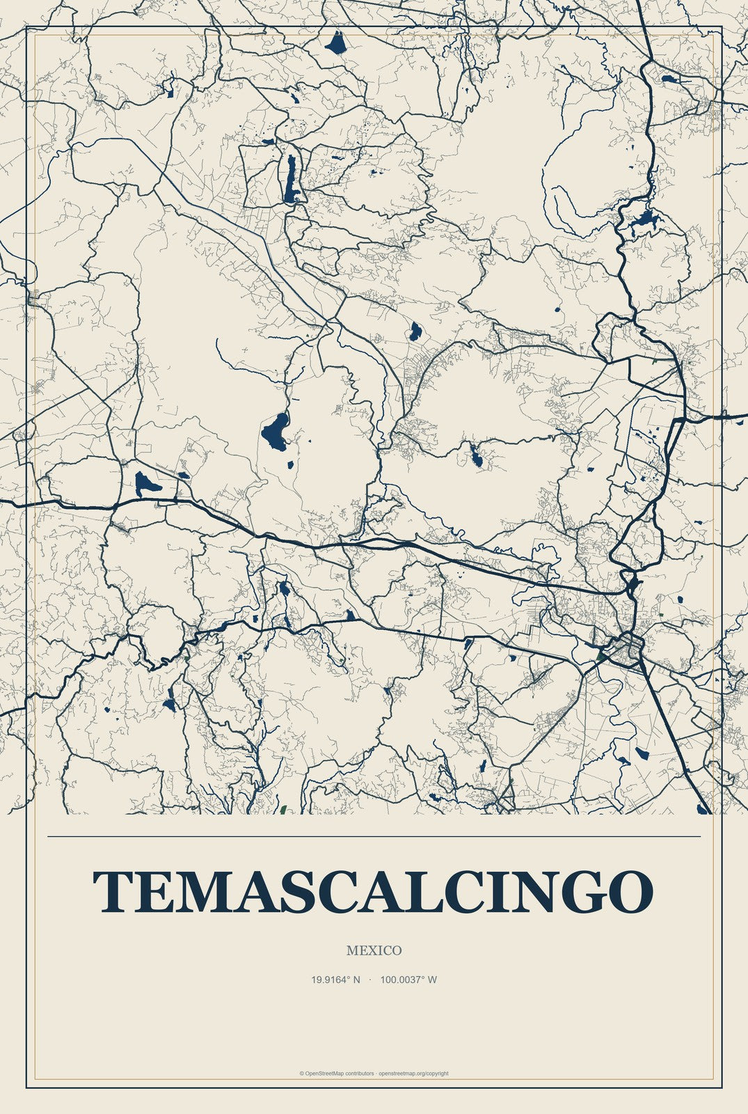Temascalcingo, Mexico City Map Aluminum Sign in Coastal Cutout style