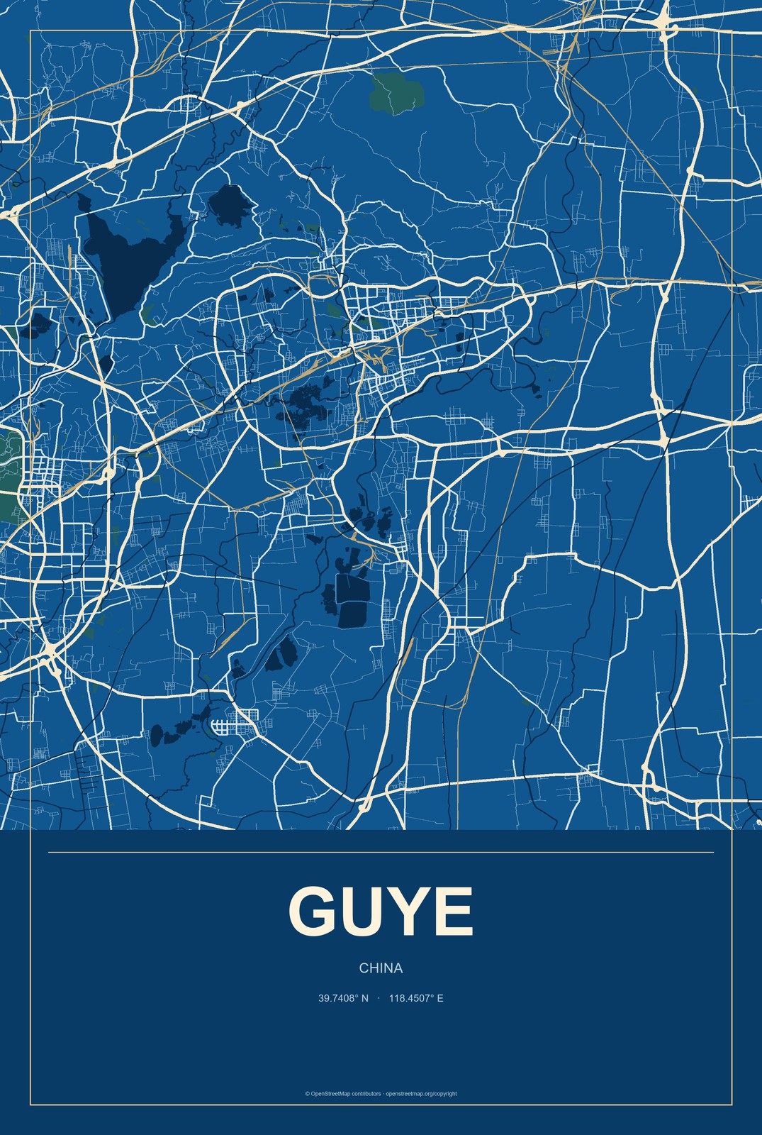 Guye, China City Map Aluminum Sign in Harbor Cobalt style